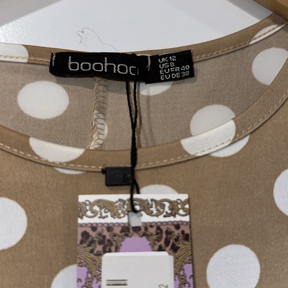 🔵 Boohoo Polka Dot Tan Mocha Dress New w/ Tag Size 8 - Picture 5 of 8